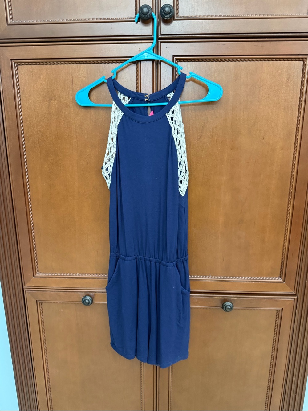 Lilly Pulitzer Navy Romper with Cream Crochet Accents